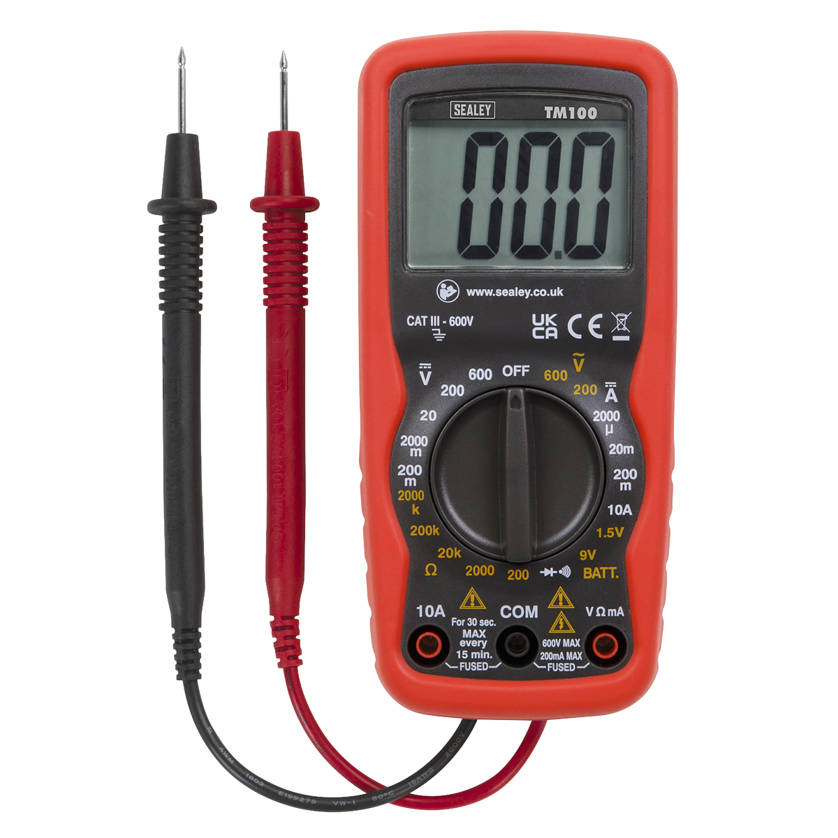 The Sealey Professional Digital Multimeter - 6-Function - TM100, featuring a black and red probe, shows a "0.00" reading on its display. This CATIII 600V electrical equipment ensures accurate measurements for any task.