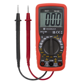 The Sealey Professional Digital Multimeter - 6-Function - TM100, featuring a black and red probe, shows a "0.00" reading on its display. This CATIII 600V electrical equipment ensures accurate measurements for any task.