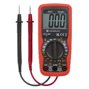 The Sealey Professional Digital Multimeter - 6-Function - TM100, featuring a black and red probe, shows a "0.00" reading on its display. This CATIII 600V electrical equipment ensures accurate measurements for any task.