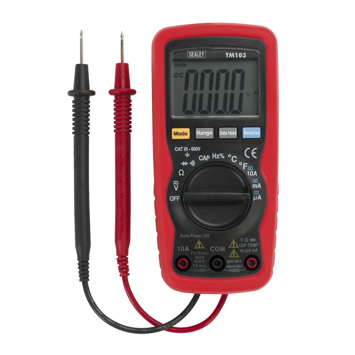 The Sealey Professional Auto-Ranging Digital Multimeter - 11-Function - TM103, featuring a red and black design with various buttons and a rotary switch for different measurements, has a high precision display reading "0000." It includes red and black probes attached and boasts CATIII 600V safety for reliable usage.