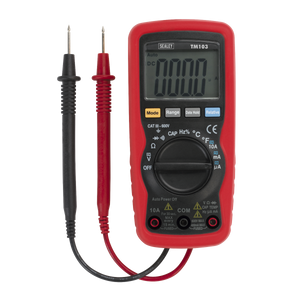 The Sealey Professional Auto-Ranging Digital Multimeter - 11-Function - TM103, featuring a red and black design with various buttons and a rotary switch for different measurements, has a high precision display reading "0000." It includes red and black probes attached and boasts CATIII 600V safety for reliable usage.