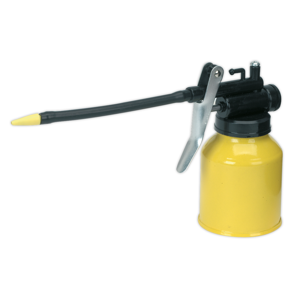 Sealey's Oil Can 180ml - TP04 is a yellow metal oil can with a black handle and flexible spout, designed for dispensing oil in precise amounts.