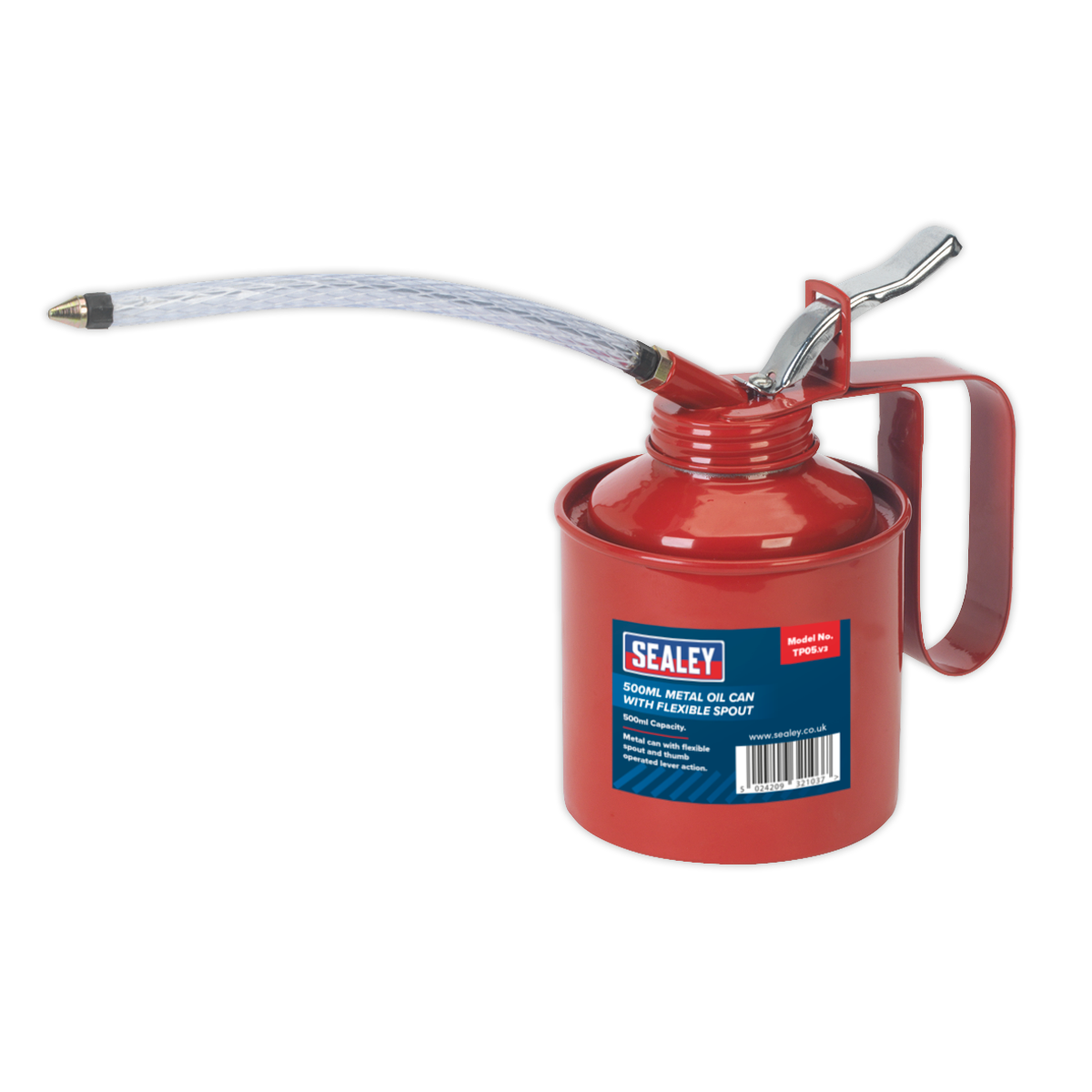 The Sealey Metal Oil Can Flexible Spout 500ml - TP05, featuring a vibrant red finish and a vinyl flexible spout, is ideal for general lubrication and lubricating moving parts. It boasts a capacity of 500ml.