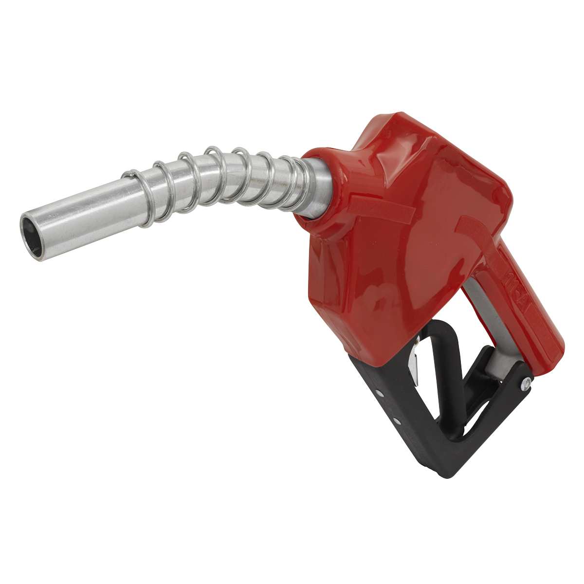 A Sealey Delivery Nozzle Automatic Shut-Off for Diesel or Unleaded Petrol - TP109, featuring a red nozzle, silver spout, and black handle attachment.