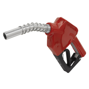 A Sealey Delivery Nozzle Automatic Shut-Off for Diesel or Unleaded Petrol - TP109, featuring a red nozzle, silver spout, and black handle attachment.