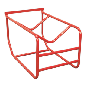 The Sealey Drum Stillage 205L/48gal - TP11 is a red metal wireframe basket with open sides and a slanted front, ideal for quick dispensing.