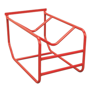 The Sealey Drum Stillage 205L/48gal - TP11 is a red metal wireframe basket with open sides and a slanted front, ideal for quick dispensing.