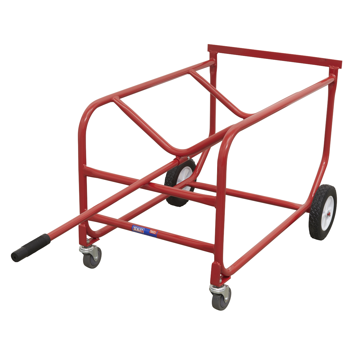 The Sealey Drum Stillage Mobile 205L/48gal - TP112 features a red metal utility cart with a black handle, two large rear wheels equipped with heavy-duty rubber tyres, and two smaller front swivel casters.