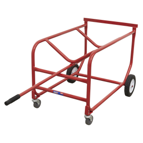 The Sealey Drum Stillage Mobile 205L/48gal - TP112 features a red metal utility cart with a black handle, two large rear wheels equipped with heavy-duty rubber tyres, and two smaller front swivel casters.