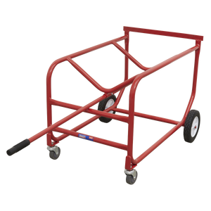 The Sealey Drum Stillage Mobile 205L/48gal - TP112 features a red metal utility cart with a black handle, two large rear wheels equipped with heavy-duty rubber tyres, and two smaller front swivel casters.