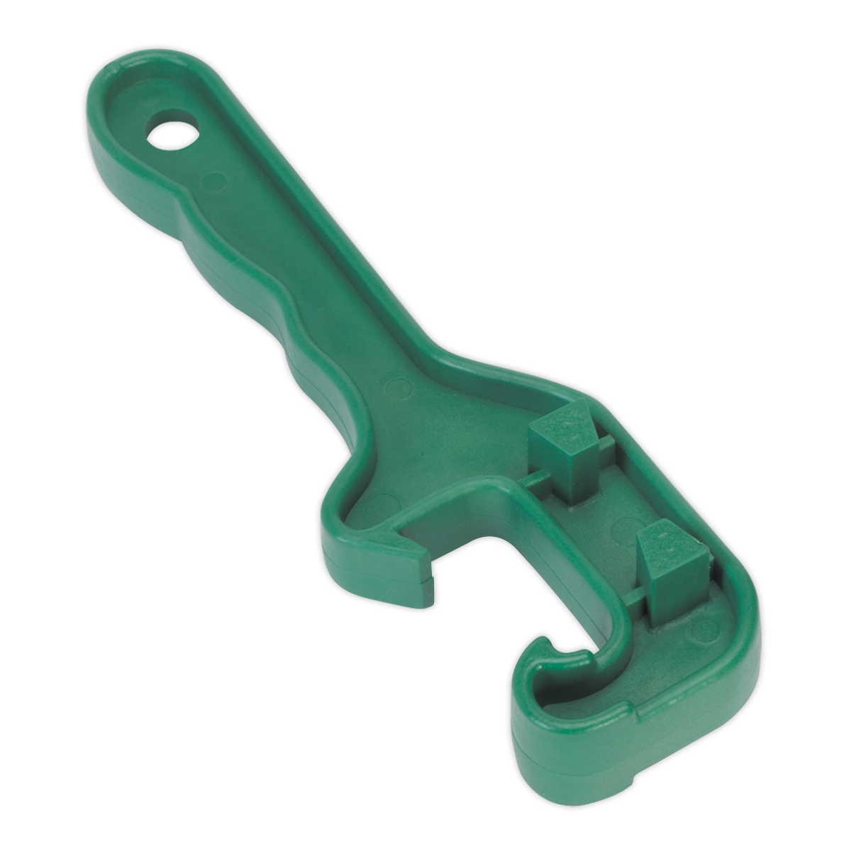 The Sealey Drum Wrench - TP122, a green plastic wrench made from durable composite material, includes a hole near the handle end and is designed specifically for tightening or loosening round objects. Ideal as a universal wrench or for opening drums.