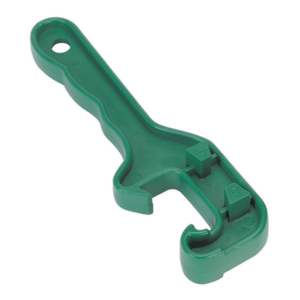 The Sealey Drum Wrench - TP122, a green plastic wrench made from durable composite material, includes a hole near the handle end and is designed specifically for tightening or loosening round objects. Ideal as a universal wrench or for opening drums.