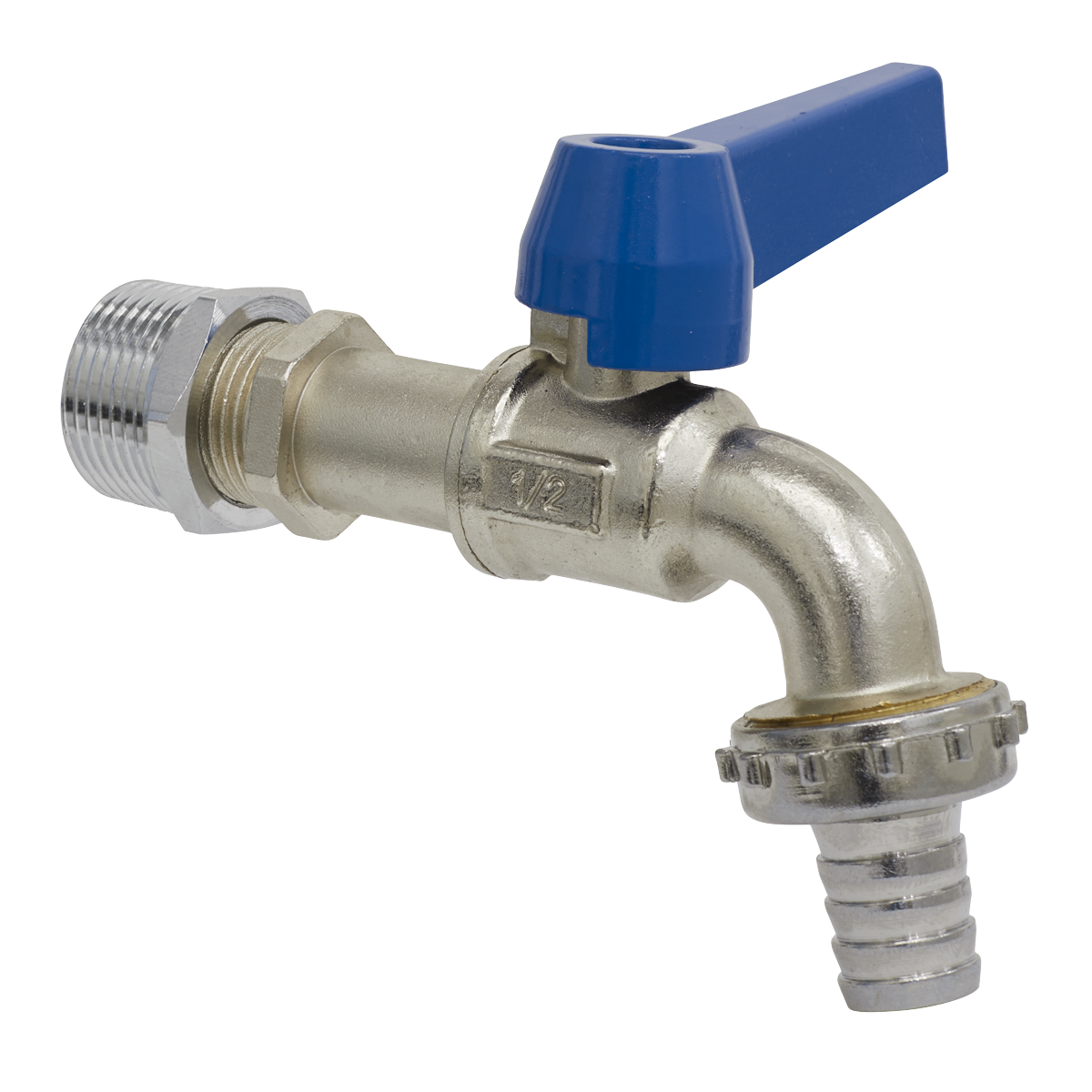 The Sealey Drum Tap 1/2" & 3/4"BSP - TP124 is a nickel-plated tap with a lever handle and brass body, featuring a hose tail outlet for controlling water flow.