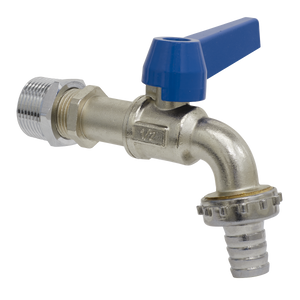 The Sealey Drum Tap 1/2" & 3/4"BSP - TP124 is a nickel-plated tap with a lever handle and brass body, featuring a hose tail outlet for controlling water flow.