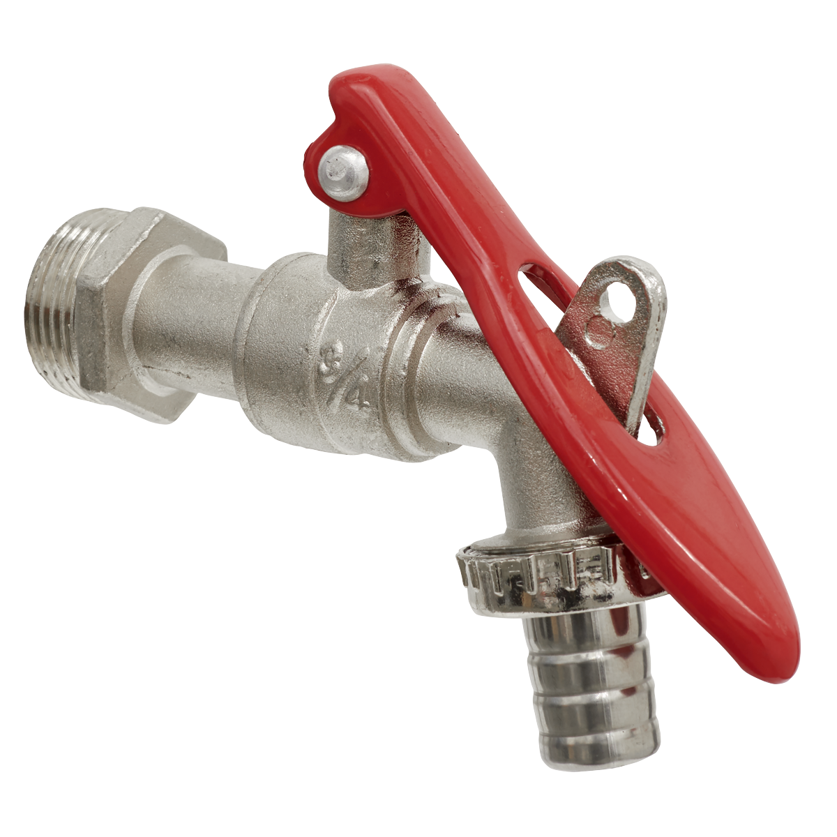 The Sealey Drum Tap 3/4" BSP Zinc Die-Cast Lockable - TP128, featuring a red handle and nitrile seals, is designed for controlling water flow.