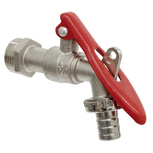 The Sealey Drum Tap 3/4" BSP Zinc Die-Cast Lockable - TP128, featuring a red handle and nitrile seals, is designed for controlling water flow.