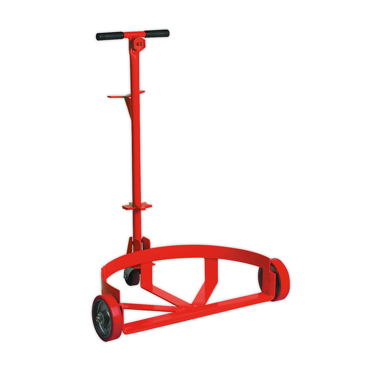 Introducing the Sealey Drum & Barrel Trolley - TP13, a red two-wheeled hand truck equipped with a steel barrel cradle and curved base, designed for moving large, heavy objects with ease.