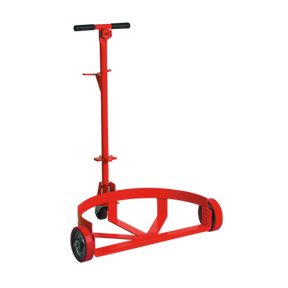 Introducing the Sealey Drum & Barrel Trolley - TP13, a red two-wheeled hand truck equipped with a steel barrel cradle and curved base, designed for moving large, heavy objects with ease.