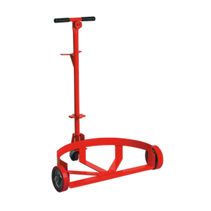 Introducing the Sealey Drum & Barrel Trolley - TP13, a red two-wheeled hand truck equipped with a steel barrel cradle and curved base, designed for moving large, heavy objects with ease.