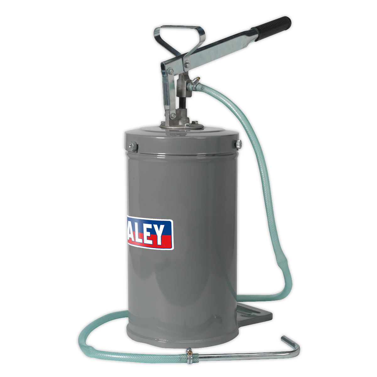 The Sealey Oil Dispensing Unit 14L - TP16 is a gray manual grease pump with a handle, hose, and features a blue, white, and red logo on the side. It includes a 14L reservoir made of galvanized steel.