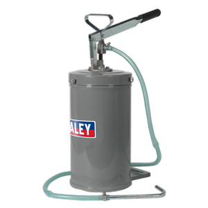 The Sealey Oil Dispensing Unit 14L - TP16 is a gray manual grease pump with a handle, hose, and features a blue, white, and red logo on the side. It includes a 14L reservoir made of galvanized steel.