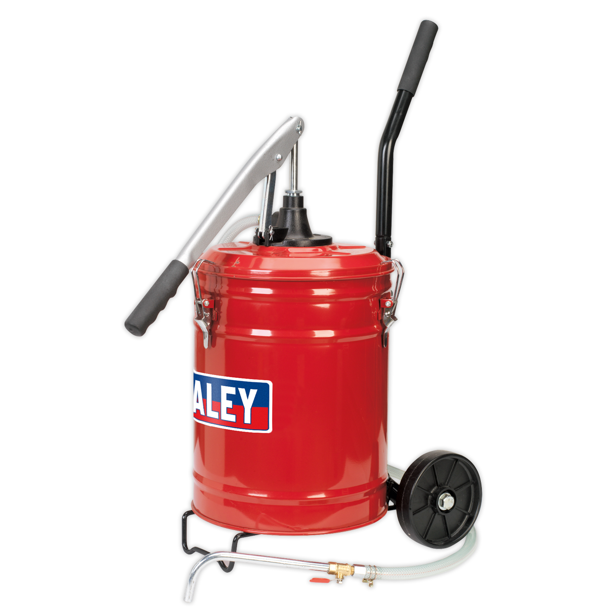 A red manual grease pump, labeled with "Sealey," featuring a handle, hose, and two heavy-duty wheels, ideal for dispensing gear oil. The product is the Gear Oil Dispensing Unit 20L Mobile - TP17.