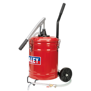 A red manual grease pump, labeled with "Sealey," featuring a handle, hose, and two heavy-duty wheels, ideal for dispensing gear oil. The product is the Gear Oil Dispensing Unit 20L Mobile - TP17.