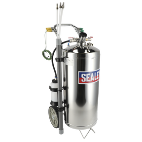 The TP200S Air Operated Fuel Drainer from Sealey is a CE Certified stainless steel unit on wheels, equipped with multiple hoses, nozzles, and control handles. It features a 40L capacity tank for efficient draining and storage.