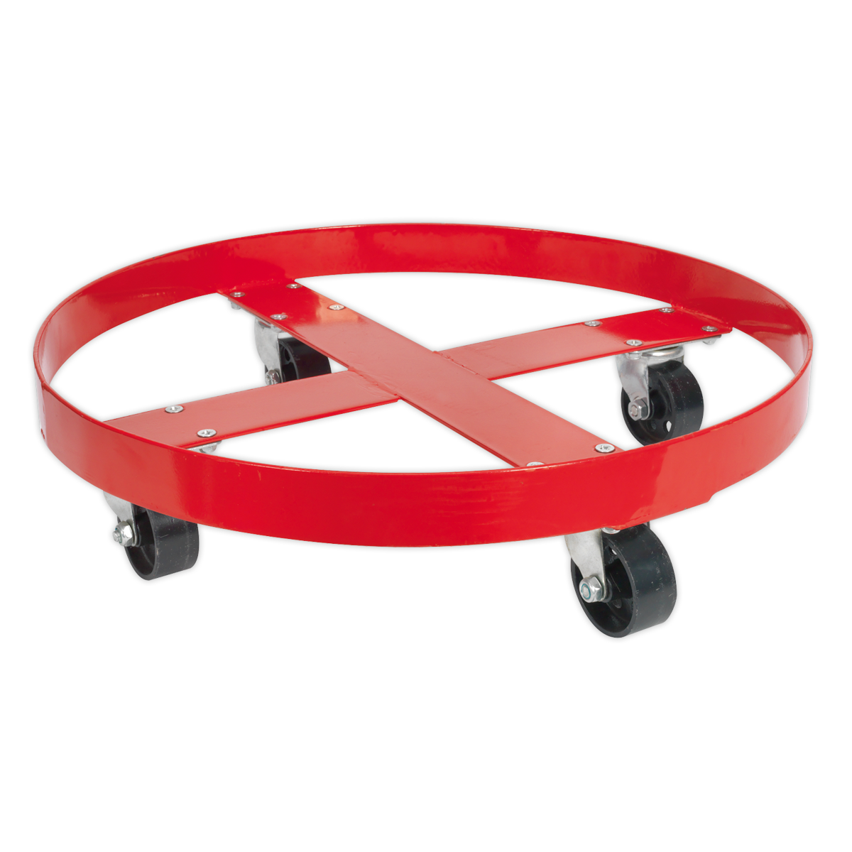 The Sealey Drum Dolly 205L - TP205 is a red, circular dolly featuring a crossed metal frame and four black metal castors, perfect for transporting 205L drums.