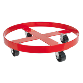 The Sealey Drum Dolly 205L - TP205 is a red, circular dolly featuring a crossed metal frame and four black metal castors, perfect for transporting 205L drums.