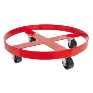 The Sealey Drum Dolly 205L - TP205 is a red, circular dolly featuring a crossed metal frame and four black metal castors, perfect for transporting 205L drums.