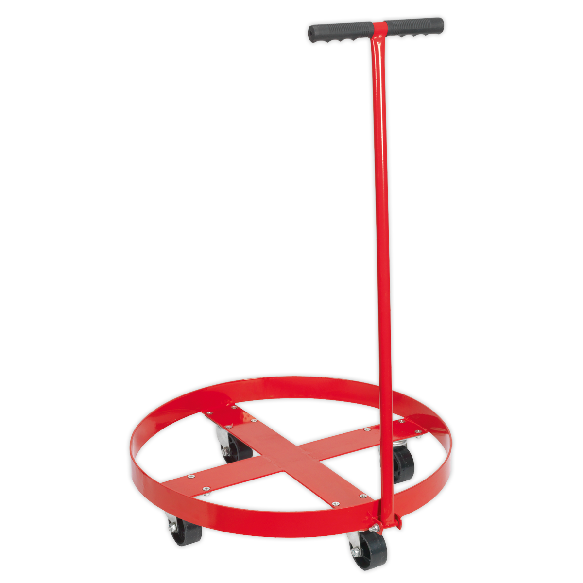 The Sealey Drum Dolly with Handle 205L - TP205H is a red, circular metal dolly with four wheels and a black handle, specifically designed for transporting 205L drums with up to a 400kg capacity.