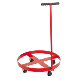 The Sealey Drum Dolly with Handle 205L - TP205H is a red, circular metal dolly with four wheels and a black handle, specifically designed for transporting 205L drums with up to a 400kg capacity.