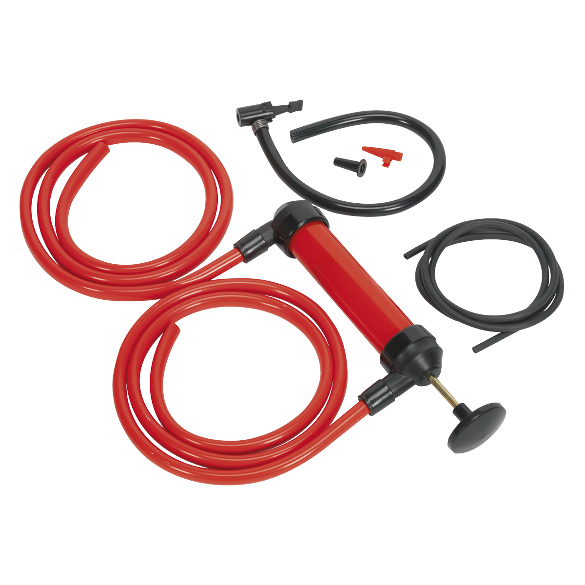 Introducing the Sealey Multipurpose Syphon & Pump Kit - TP50, a red and black manual siphon pump kit complete with hoses and additional attachments, ideal for syphoning fluids or oil extraction.