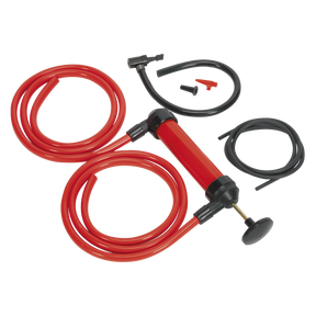 Introducing the Sealey Multipurpose Syphon & Pump Kit - TP50, a red and black manual siphon pump kit complete with hoses and additional attachments, ideal for syphoning fluids or oil extraction.