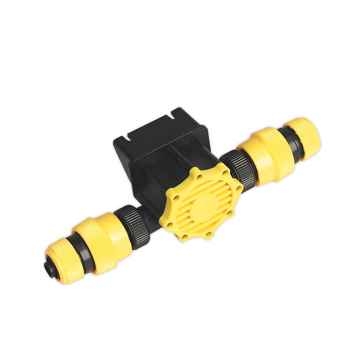 The Sealey Water Pump Drill Powered - TP51 is a black and yellow plastic garden hose connector with dual input and output fittings, suitable for use with non-aggressive liquids.