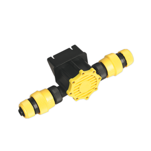 The Sealey Water Pump Drill Powered - TP51 is a black and yellow plastic garden hose connector with dual input and output fittings, suitable for use with non-aggressive liquids.