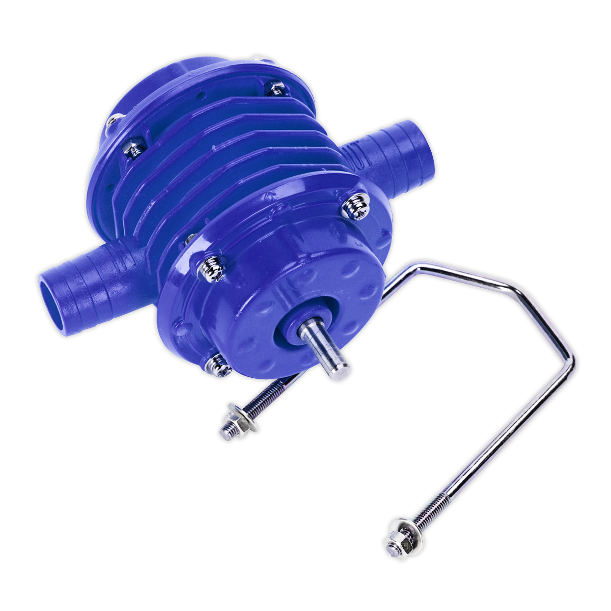 The "Sealey Water Pump Drill Powered Heavy-Duty - TP53" is a blue, cylindrical diaphragm pump featuring two outlets, metal screws, and an attached metal handle or hanger. It boasts a durable composite casing and is designed for fluid transfer applications, capable of delivering 2200L/hr.