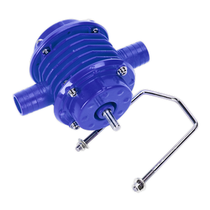 The "Sealey Water Pump Drill Powered Heavy-Duty - TP53" is a blue, cylindrical diaphragm pump featuring two outlets, metal screws, and an attached metal handle or hanger. It boasts a durable composite casing and is designed for fluid transfer applications, capable of delivering 2200L/hr.