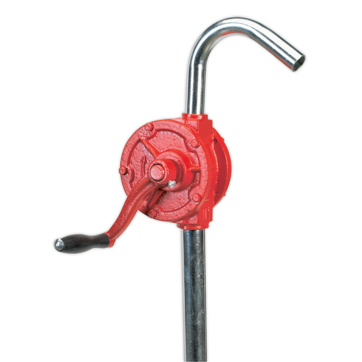 The Sealey Rotary Oil Drum Pump TP54, made of cast steel and featuring a red hand crank, is affixed to a curved metal pipe and ideal for use with non-corrosive fluids.