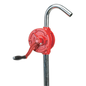 The Sealey Rotary Oil Drum Pump TP54, made of cast steel and featuring a red hand crank, is affixed to a curved metal pipe and ideal for use with non-corrosive fluids.