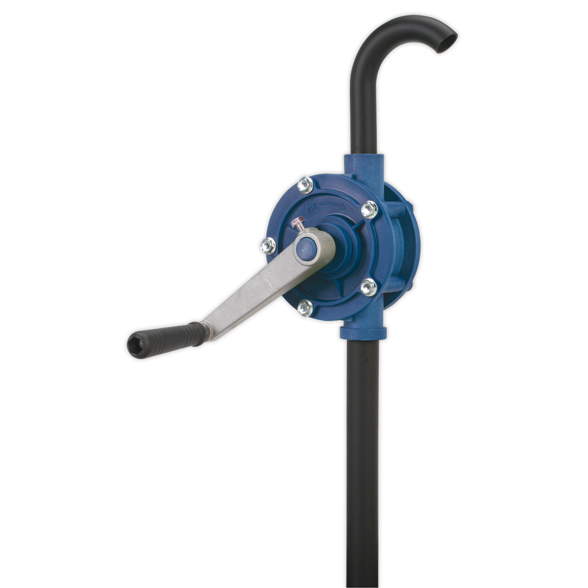 Image of the Sealey TP57 Rotary Pump Heavy-Duty - AdBlue®, featuring a blue Polypropylene body, a black curved spout, and a metal handle. The pump, ideal for AdBlue transfer, is mounted on a vertical black pipe and equipped with a 2" BSP connector.