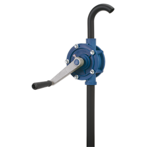 Image of the Sealey TP57 Rotary Pump Heavy-Duty - AdBlue®, featuring a blue Polypropylene body, a black curved spout, and a metal handle. The pump, ideal for AdBlue transfer, is mounted on a vertical black pipe and equipped with a 2" BSP connector.