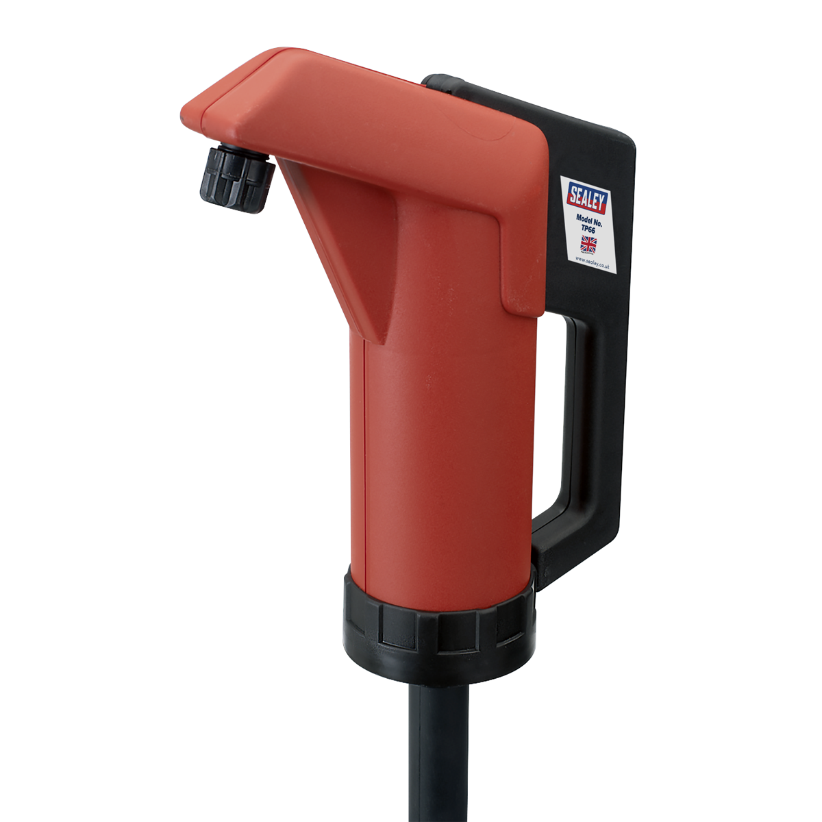 A red and black Self-Priming Heavy-Duty Lever Action Pump - TP66 by Sealey, featuring a spout, handle, and control panel. The pump is equipped with an anti-drip nozzle for efficient handling of non-corrosive fluids.