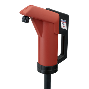 A red and black Self-Priming Heavy-Duty Lever Action Pump - TP66 by Sealey, featuring a spout, handle, and control panel. The pump is equipped with an anti-drip nozzle for efficient handling of non-corrosive fluids.