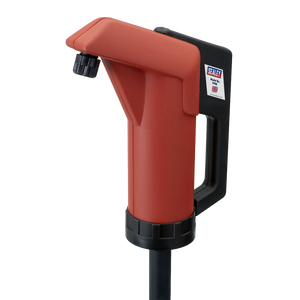 A red and black Self-Priming Heavy-Duty Lever Action Pump - TP66 by Sealey, featuring a spout, handle, and control panel. The pump is equipped with an anti-drip nozzle for efficient handling of non-corrosive fluids.