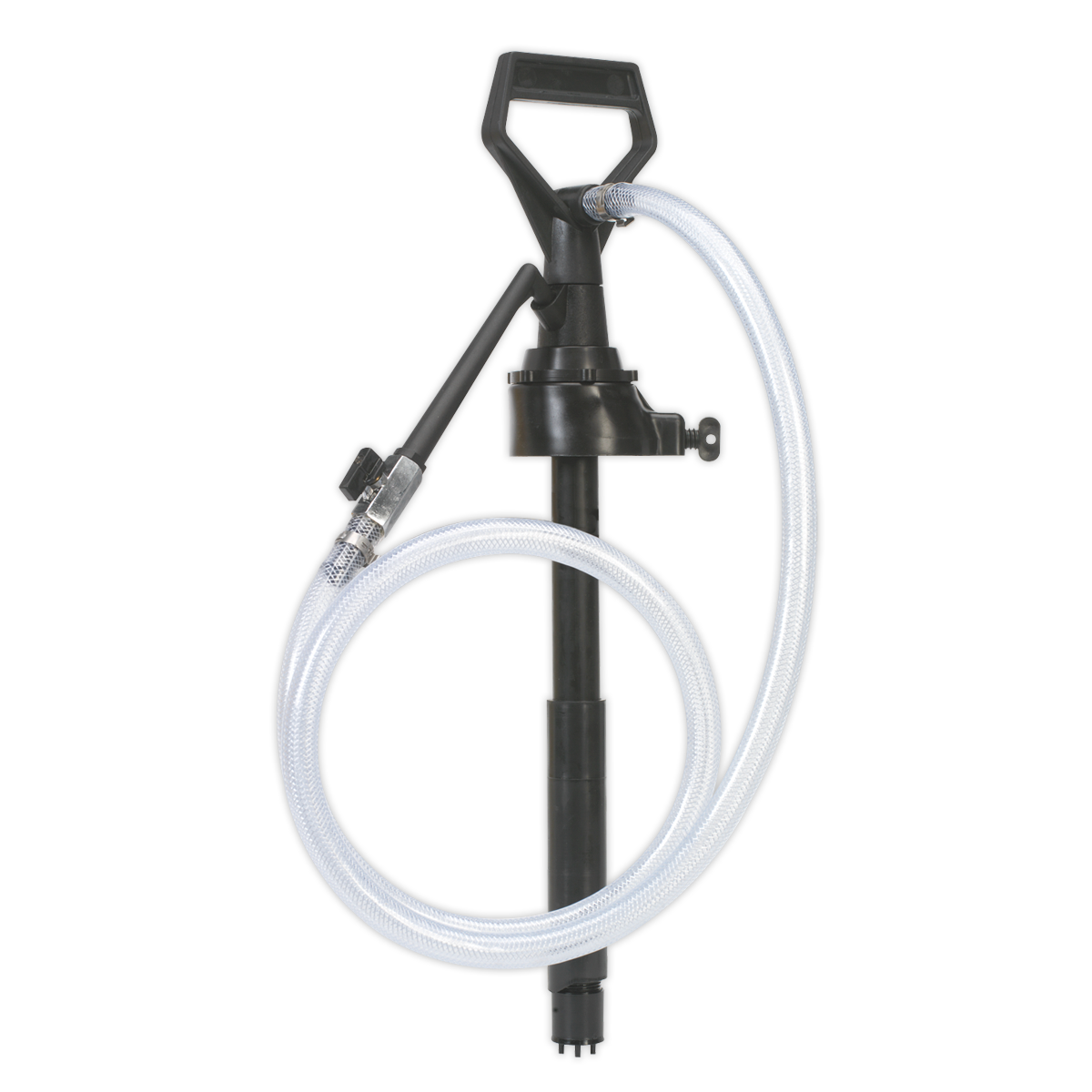 The Gear Oil Transfer Pump - TP67 by Sealey features a black handle, a polypropylene body, and an attached coiled, transparent hose. This self-priming pump ensures ease of use for various applications.