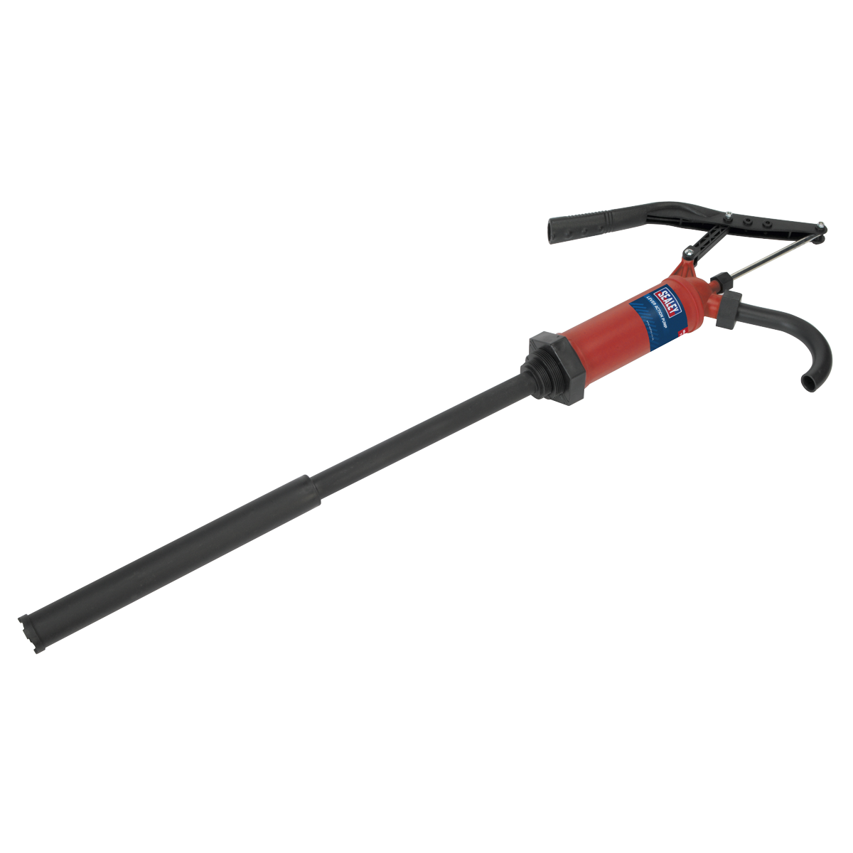 The Sealey Lever Action Pump - TP6803, designed for 205L drums, features a durable polypropylene construction with a long black hose and red body. It has a handle for easy operation and delivers 300ml per stroke.