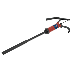 The Sealey Lever Action Pump - TP6803, designed for 205L drums, features a durable polypropylene construction with a long black hose and red body. It has a handle for easy operation and delivers 300ml per stroke.