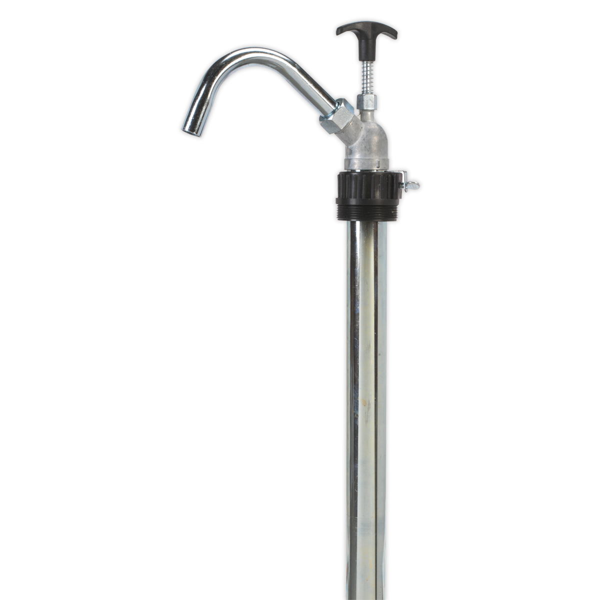 The Sealey Lift Action Pump - TP6805 features a metal water spigot with a curved spout and a valve handle on a vertical pipe, enhanced by an integrated adjustable dip tube for improved functionality.